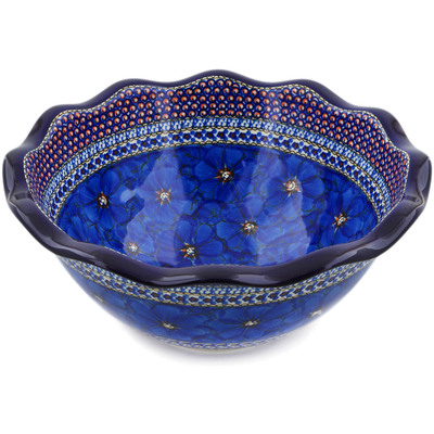 Polish Pottery Bowl 14&quot; Cobalt Poppies UNIKAT
