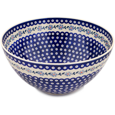 Polish Pottery Bowl 14&quot; Peacock Forget-me-not