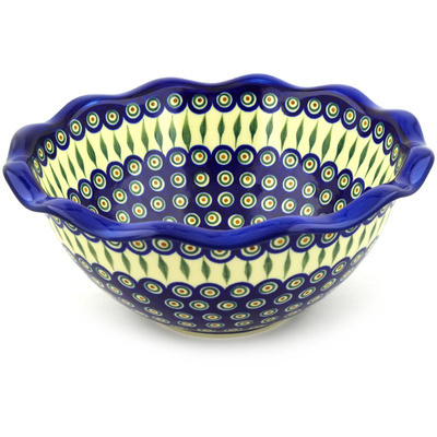 Polish Pottery Bowl 14&quot; Peacock Leaves