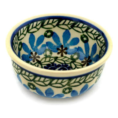 Polish Pottery Bowl 3&quot; Blue Fan Flowers