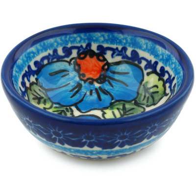 Polish Pottery Bowl 3&quot; Bold Blue Poppies UNIKAT