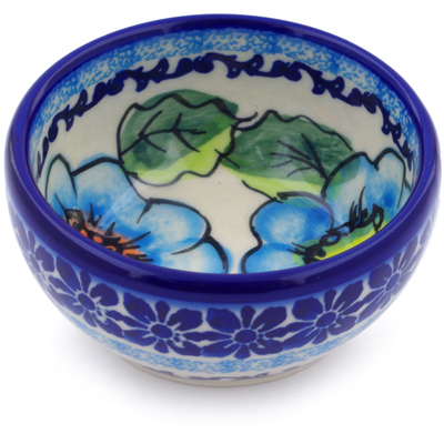 Polish Pottery Bowl 3&quot; Bold Blue Poppies UNIKAT