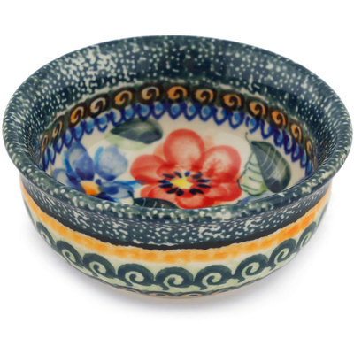 Polish Pottery Bowl 4&quot; Blue And Red Poppies UNIKAT