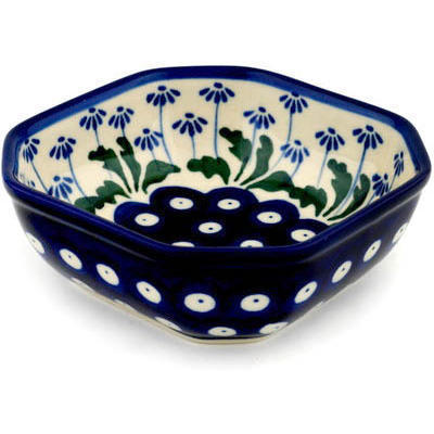 Polish Pottery Bowl 4&quot; Blue Daisy Peacock