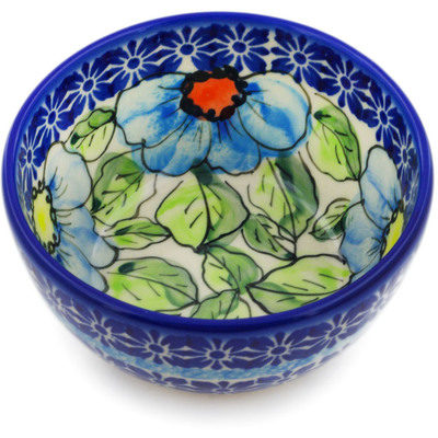 Polish Pottery Bowl 4&quot; Bold Blue Poppies UNIKAT