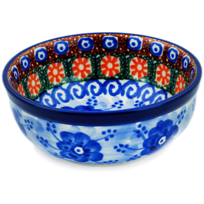 Polish Pottery Bowl 4&quot; Dancing Blue Poppies UNIKAT