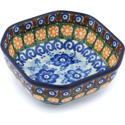 Polish Pottery Bowl 4&quot; Dancing Blue Poppies UNIKAT