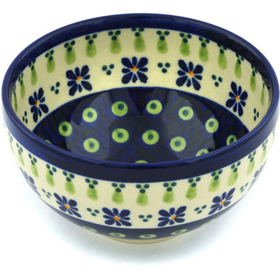 Polish Pottery Bowl 4" Green Gingham Peacock
