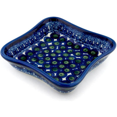 Polish Pottery Bowl 4&quot; Green Peacock Eyes