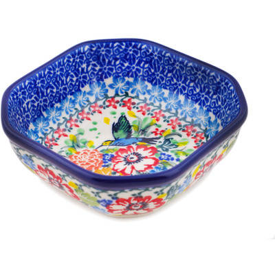 Polish Pottery Bowl 4&quot; Hummingbird Meadow UNIKAT