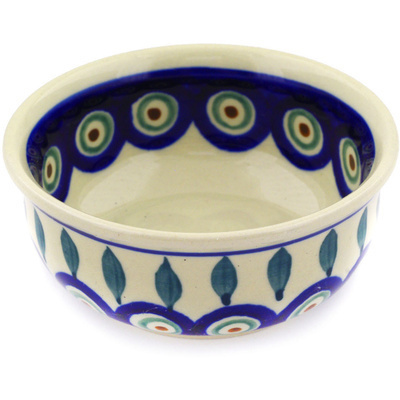 Polish Pottery Bowl 4&quot; Peacock Leaves