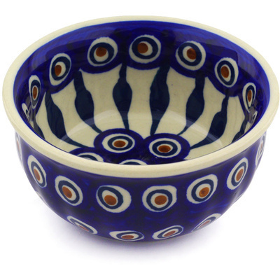 Polish Pottery Bowl 4&quot; Peacock Leaves