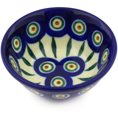 Polish Pottery Bowl 4&quot; Peacock Leaves