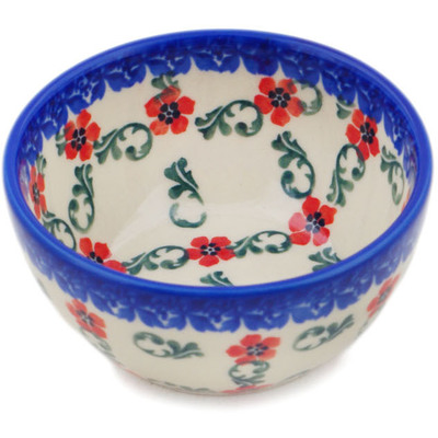 Polish Pottery Bowl 4&quot; Red Flower Lattice
