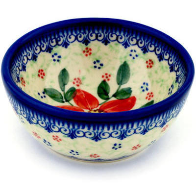 Polish Pottery Bowl 4&quot; Snow Coral Zinnias UNIKAT
