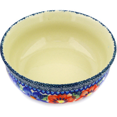 Polish Pottery Bowl 5&quot; Blue And Red Poppies UNIKAT
