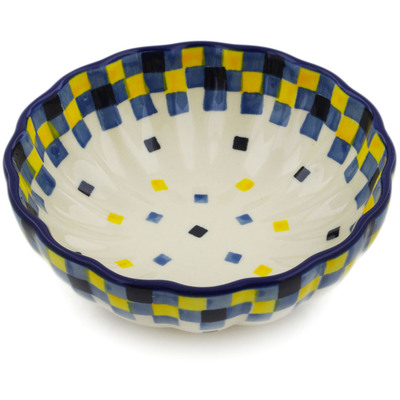 Polish Pottery Bowl 5&quot; Blue And Yellow Blocks