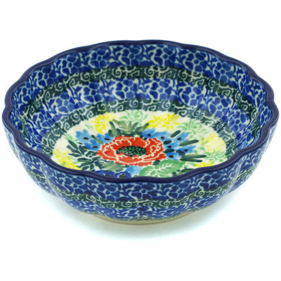 Polish Pottery Bowl 5&quot; Blue Bird Meadow UNIKAT