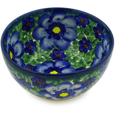 Polish Pottery Bowl 5&quot; Blue Daisies UNIKAT