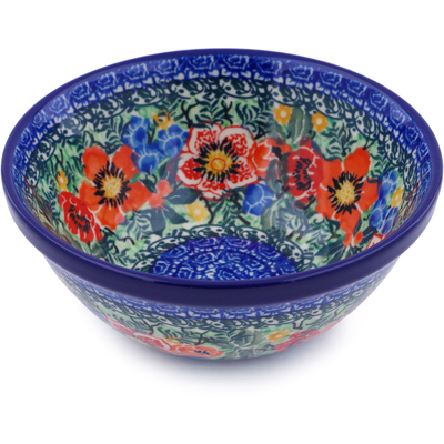 Polish Pottery Bowl 5&quot; Blue Daisy Bouquet UNIKAT