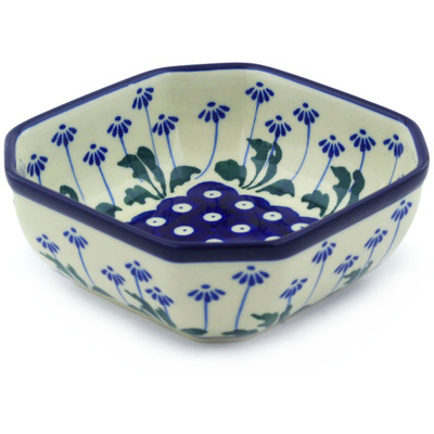 Polish Pottery Bowl 5&quot; Blue Daisy Peacock