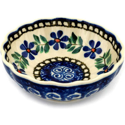 Polish Pottery Bowl 5&quot; Blue Daisy Swirls