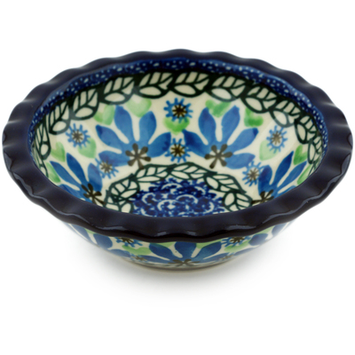 Polish Pottery Bowl 5&quot; Blue Fan Flowers