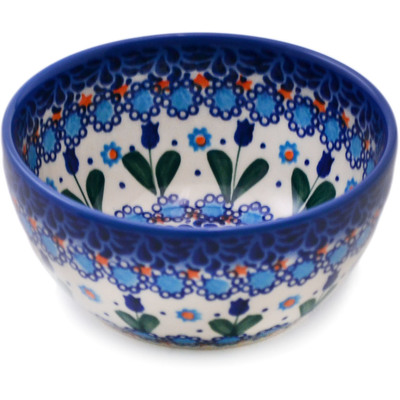 Polish Pottery Bowl 5&quot; Blue Tulip Garden UNIKAT