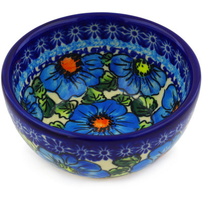 Polish Pottery Bowl 5&quot; Bold Blue Poppies UNIKAT