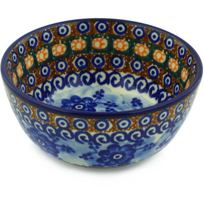 Polish Pottery Bowl 5&quot; Dancing Blue Poppies UNIKAT