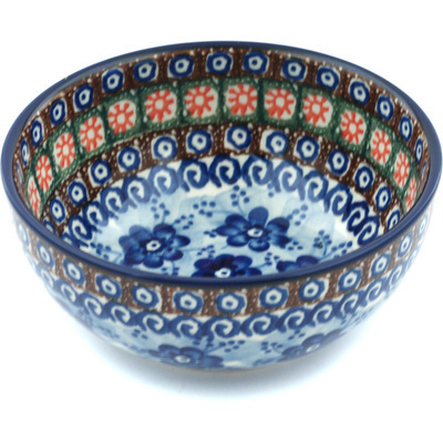 Polish Pottery Bowl 5&quot; Dancing Blue Poppies UNIKAT