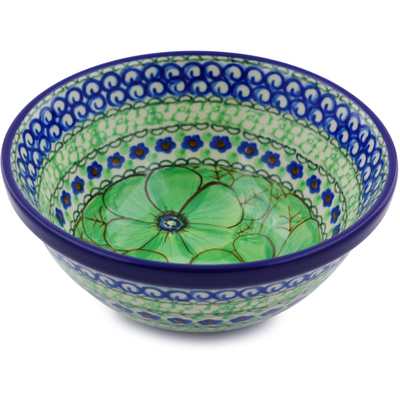 Polish Pottery Bowl 5&quot; Green Pansies UNIKAT