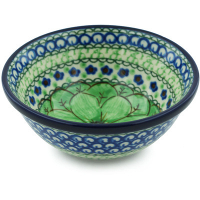 Polish Pottery Bowl 5&quot; Green Pansies UNIKAT