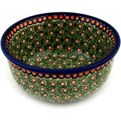 Polish Pottery Bowl 5&quot; Green Polka Dot