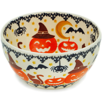 Polish Pottery Bowl 5&quot; Halloween Spooky Pumpkin