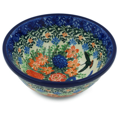 Polish Pottery Bowl 5&quot; Hummingbird Bouquet UNIKAT