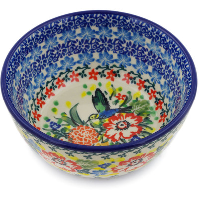 Polish Pottery Bowl 5&quot; Hummingbird Meadow UNIKAT