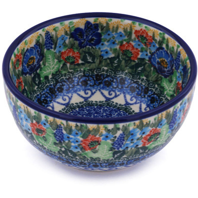 Polish Pottery Bowl 5&quot; Lupines And Roses UNIKAT