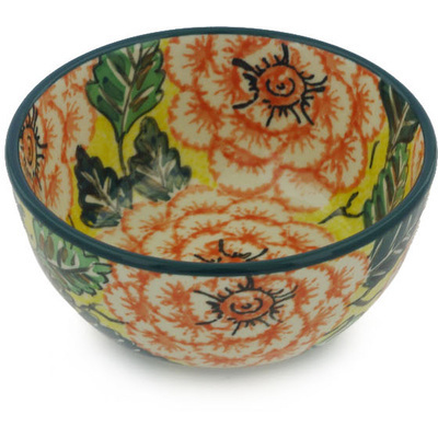 Polish Pottery Bowl 5&quot; Orange Peonies UNIKAT
