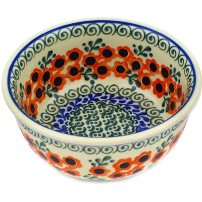 Polish Pottery Bowl 5&quot; Orange Poppy Wreath