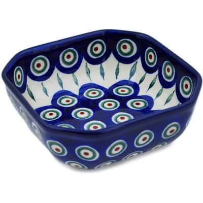 Polish Pottery Bowl 5&quot; Peacock Leaves
