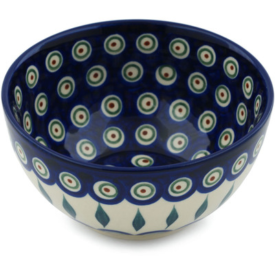 Polish Pottery Bowl 5&quot; Peacock Leaves