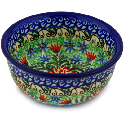 Polish Pottery Bowl 5&quot; Red Dahlia Garden UNIKAT