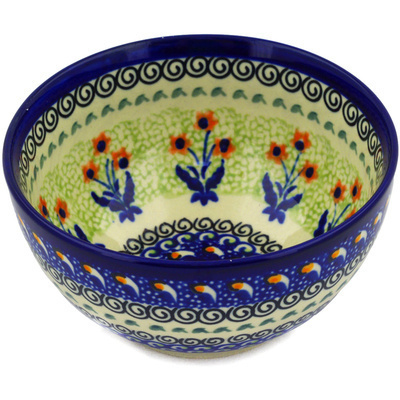 Polish Pottery Bowl 5&quot; Red Daisy Blooms UNIKAT