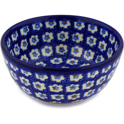 Polish Pottery Bowl 5&quot; White Flowers On Blue
