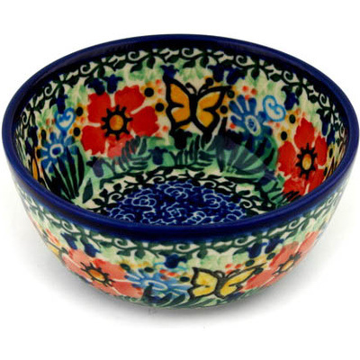 Polish Pottery Bowl 5&quot; Yellow Butterfly Garden UNIKAT