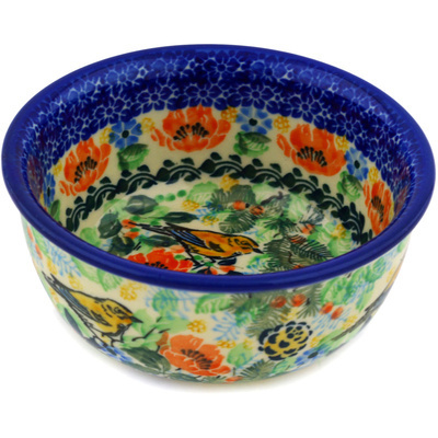 Polish Pottery Bowl 5&quot; Yellow Finches UNIKAT