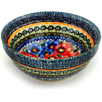 Polish Pottery Bowl 6&quot; Blue And Red Poppies UNIKAT