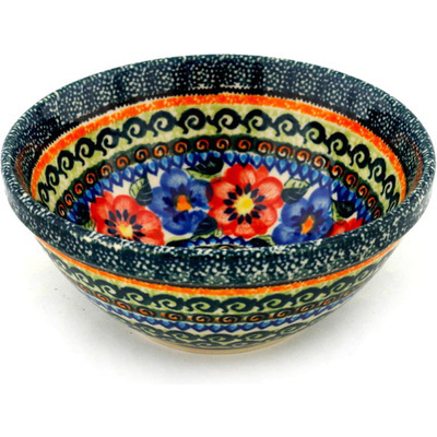 Polish Pottery Bowl 6&quot; Blue And Red Poppies UNIKAT