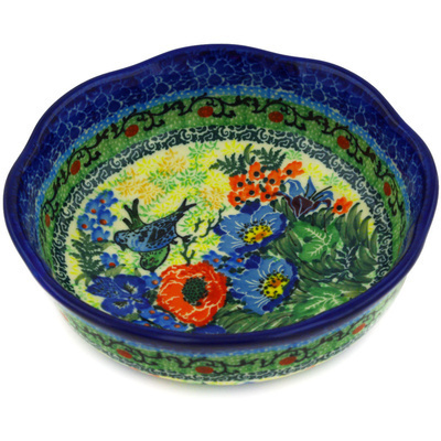 Polish Pottery Bowl 6&quot; Blue Bird Meadow UNIKAT